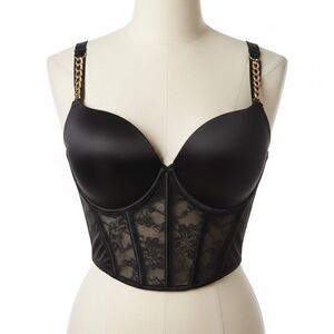 NWT Victoria’s Secret Bombshell Add-2-Cups Corset Bra Gold Chain Lace Padded 36D